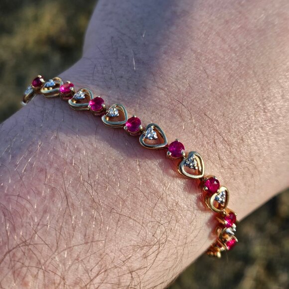 10KT Yellow Gold Diamond & Lab Grown Ruby Heart Link Tennis Bracelet 8 Inches - Picture 7 of 15